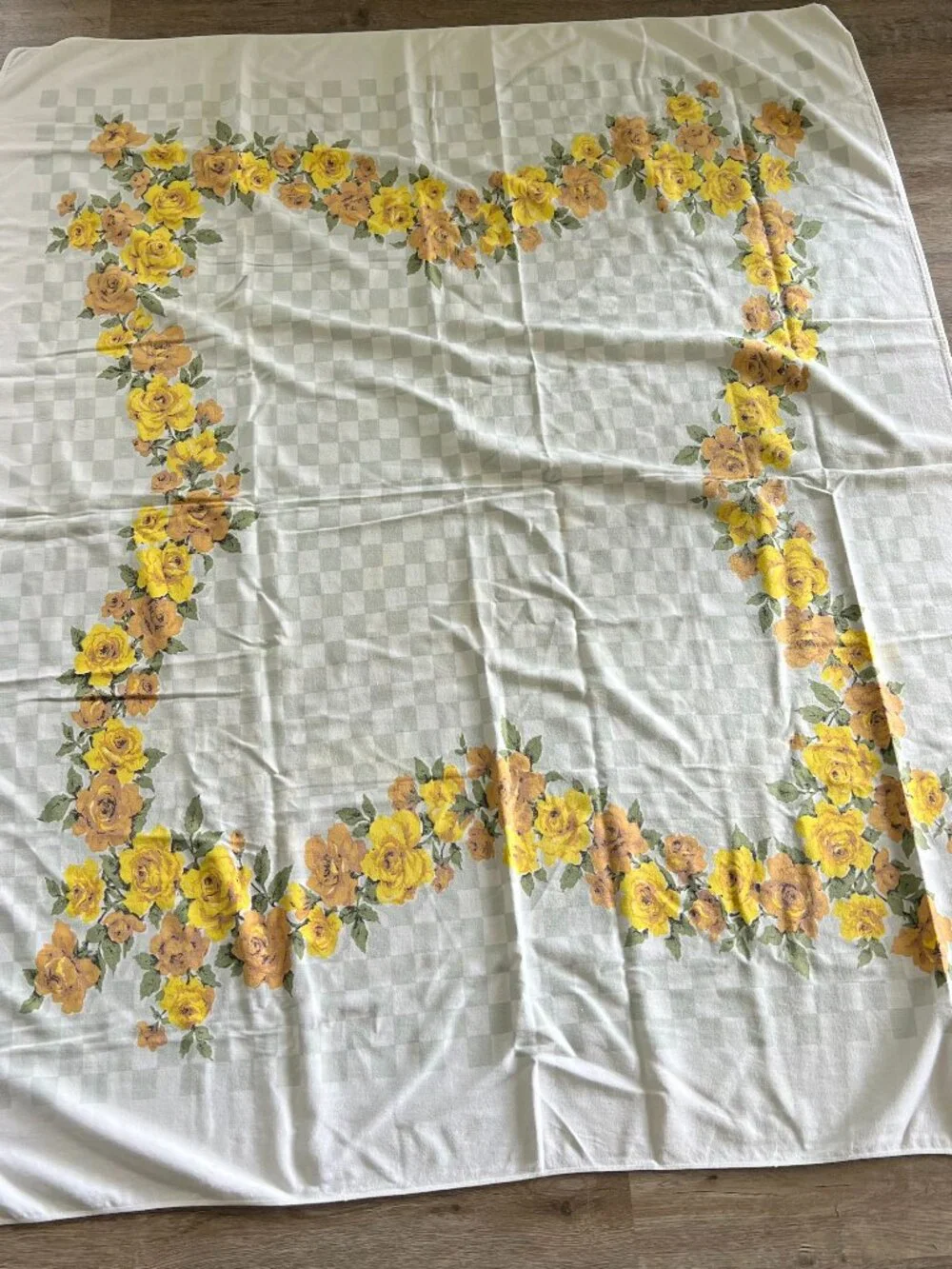 Vintage Yellow Rose Tablecloth: Mid Century Floral Cotton Blend (42 x 53.5